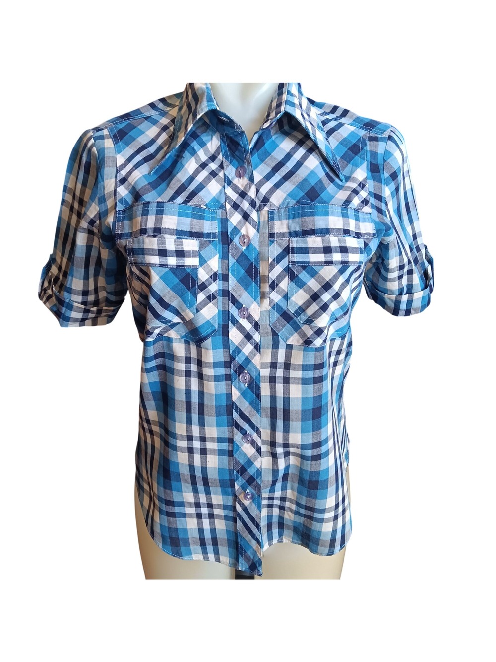 Small Womens Vintage Shirt 70's Blue Plaid Blouse Shirt Boho Hippie Distress
